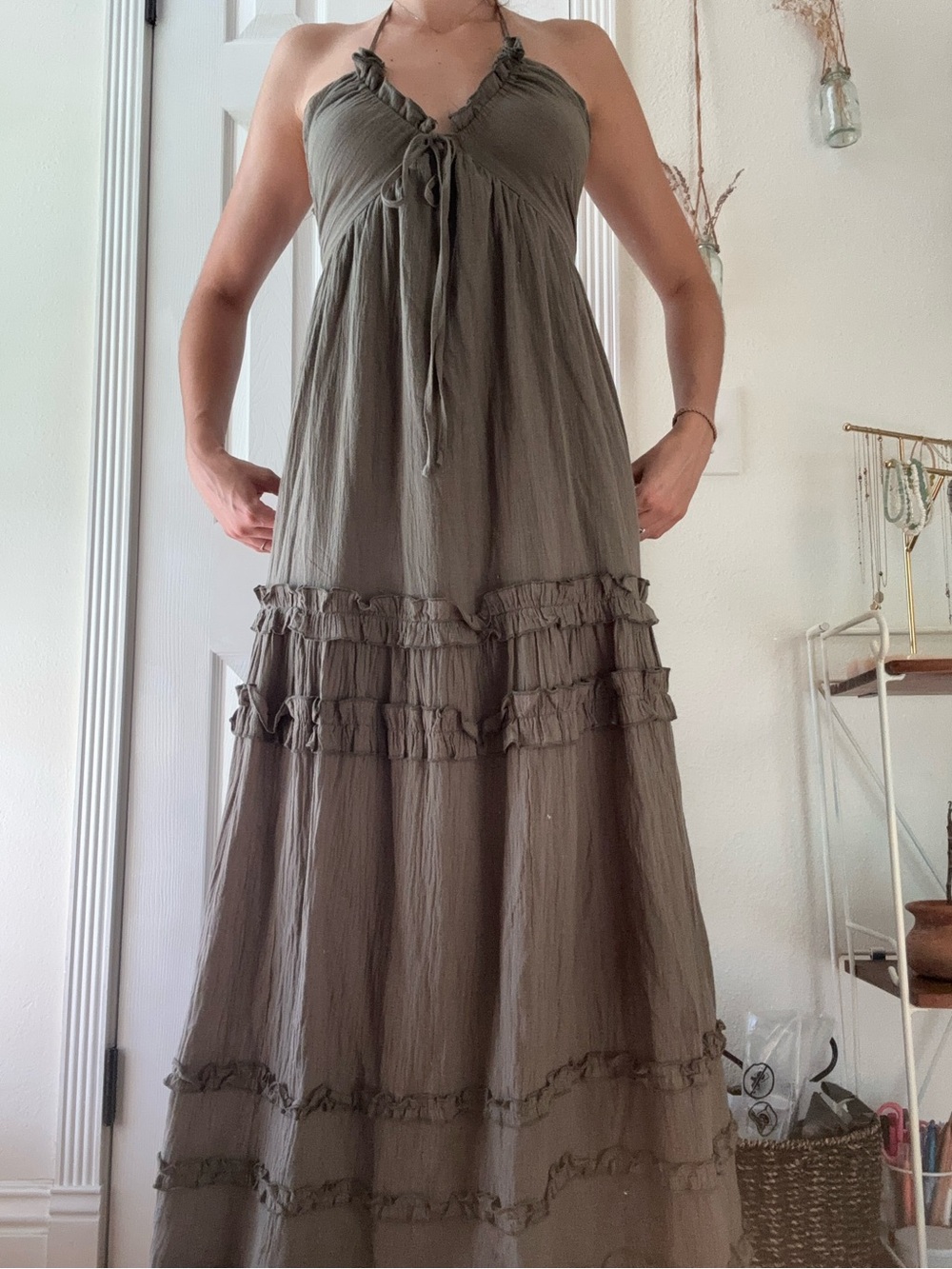 Ruffled Halter Maxi Dress in Olive